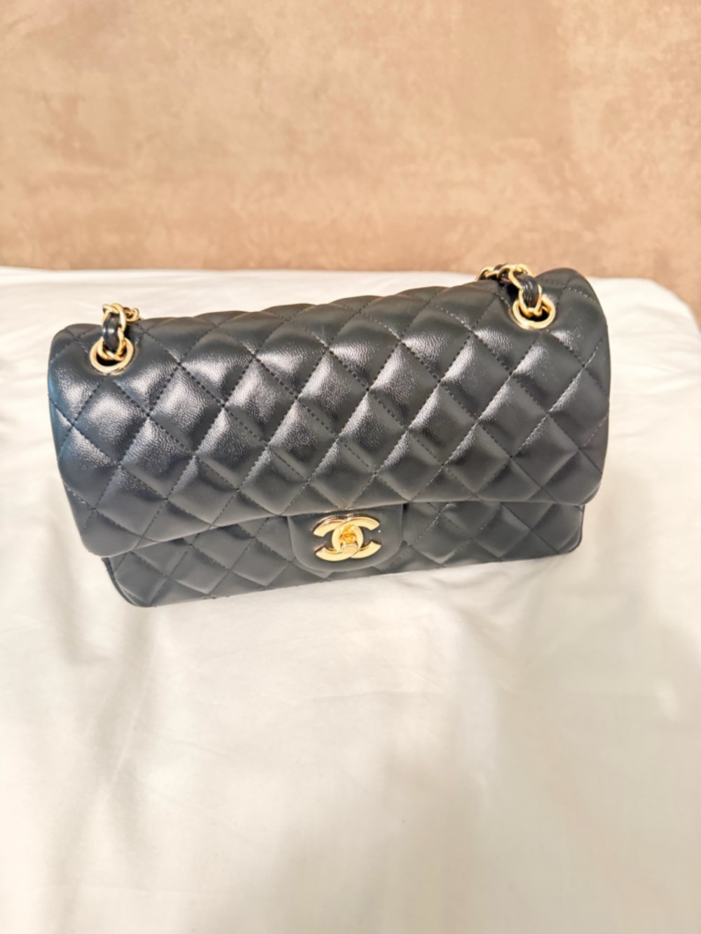 Black Quilted Shoulder Bag with Gold Chain - Picture 3 of 6